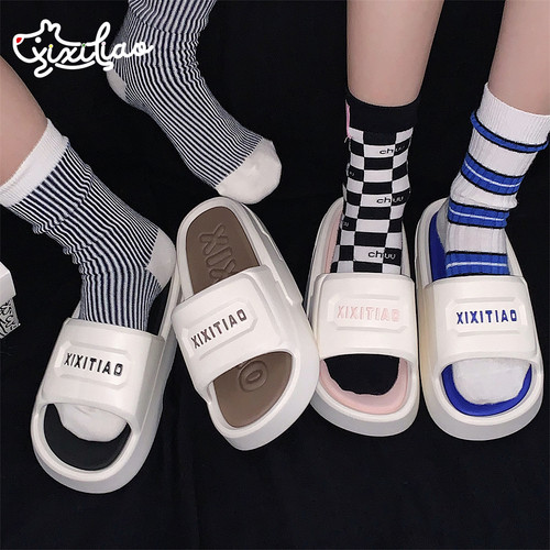 细细条潮酷个性拼色厚底凉拖鞋