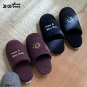 细细条 情侣ins 男女居家用防滑软底地板鞋 韩式 秋冬刺绣静音棉拖鞋