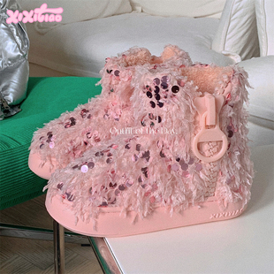 ins潮女保暖加绒创意个性 棉鞋 亮片拉链雪地靴 舞台走秀冬季 细细条