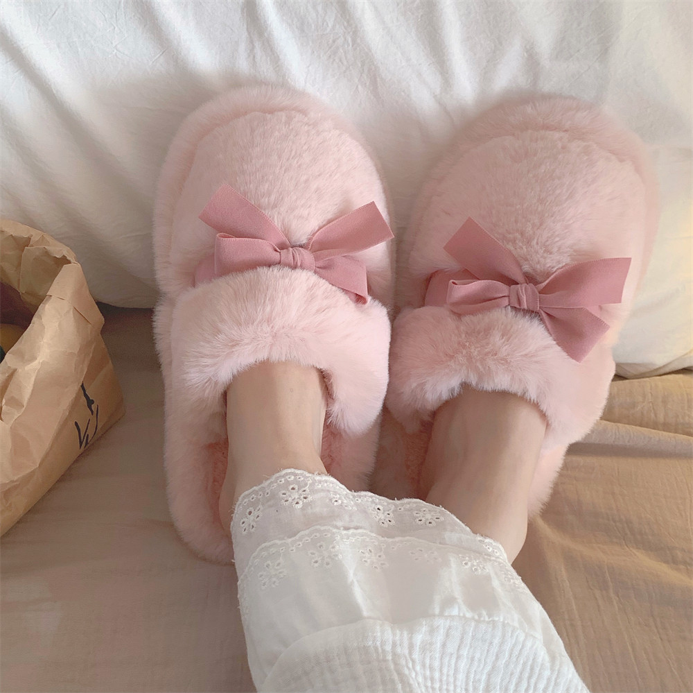 thumbnail for Fine stripe Korean style bow closed-toe furry slippers for women, comfortable non-slip autumn/winter student cotton slippers