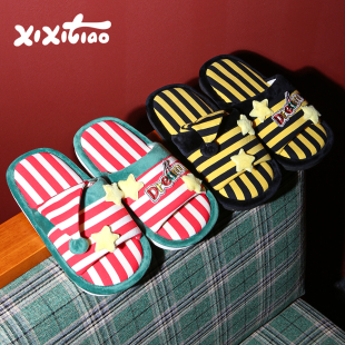 男女春夏居家趣味情侣吸汗空调房地板鞋 细细条 撞色条纹棉麻拖鞋