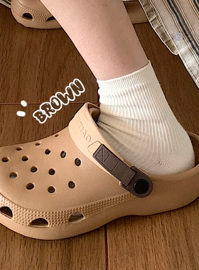 细细条 洞洞鞋男女夏个性ins学生防滑足弓外穿凉鞋拿铁色沙滩拖鞋