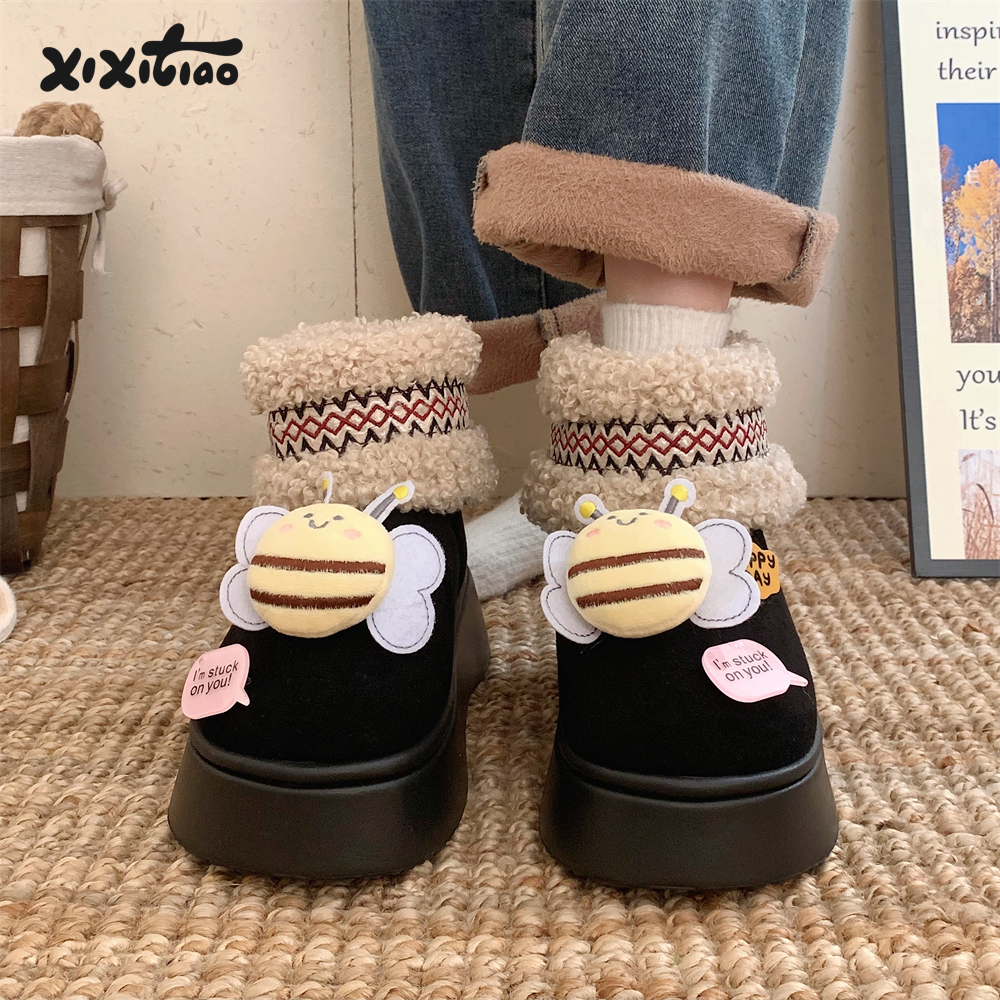 细细条立体小蜜蜂民族风中筒棉靴