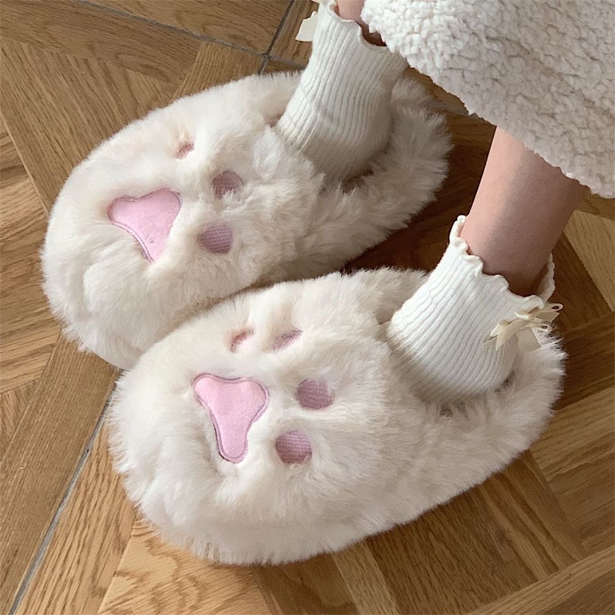 细细条 软萌可爱少女心猫爪棉拖鞋女冬学生居家用保暖防滑毛绒鞋
