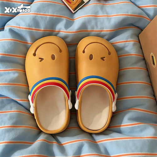 细细条厚底可爱笑脸包头拖
