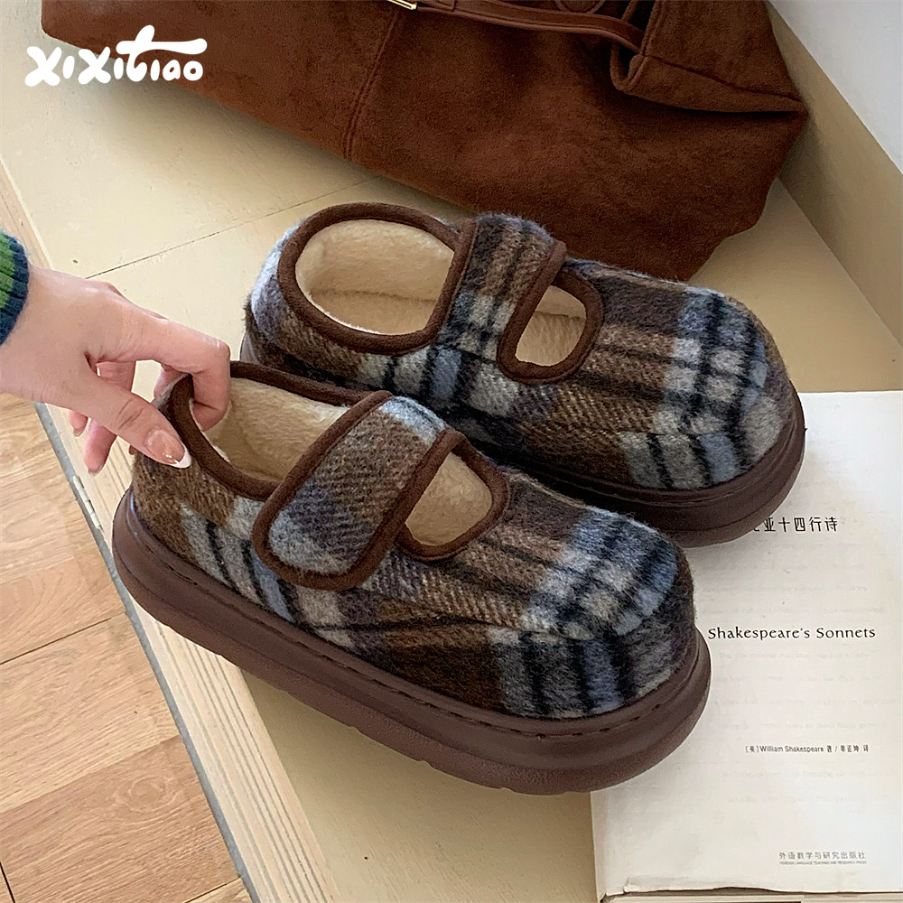 细细条 休闲防滑厚底玛丽珍面包棉鞋秋冬复古格子魔术贴豆豆鞋女,女鞋,棉鞋,淘宝优惠券,粉丝福利购,淘宝优惠卷