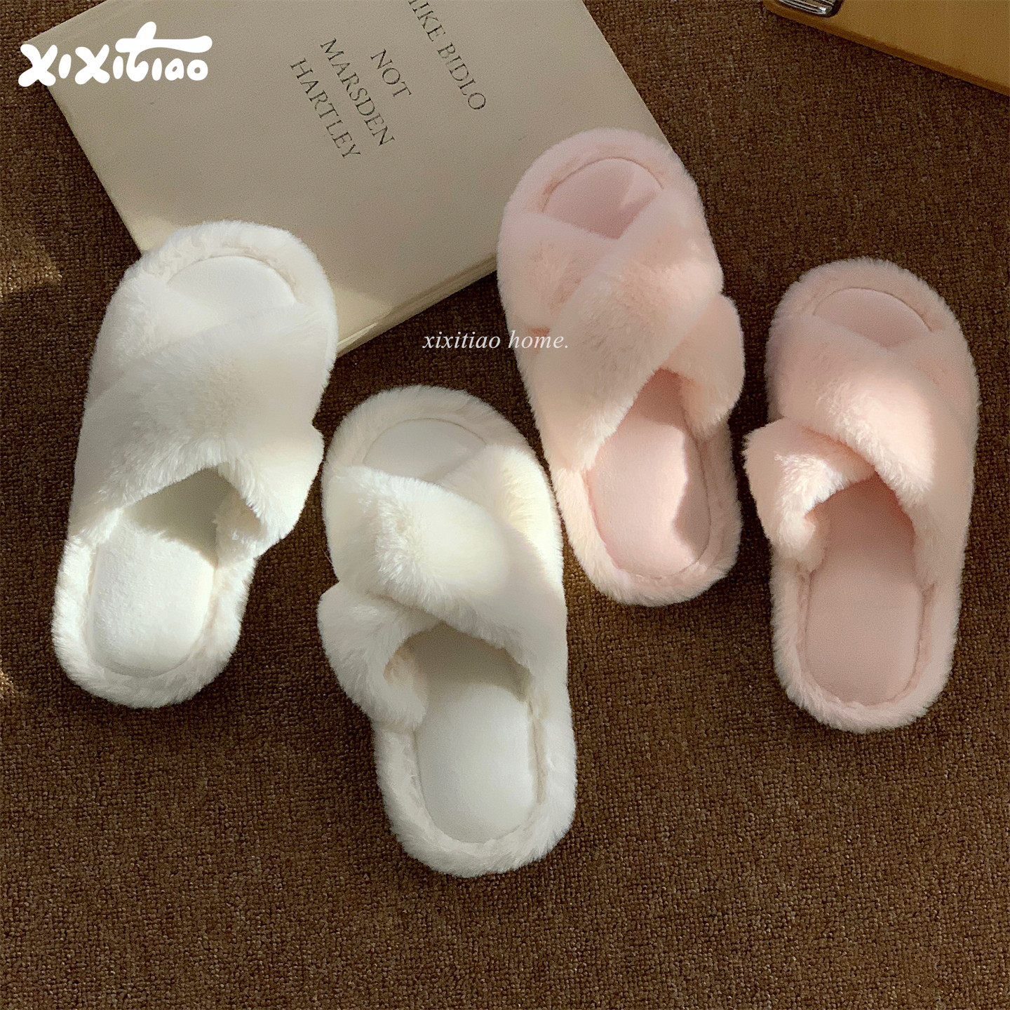 细细条 日系简约交叉毛毛拖鞋女百搭室内外防滑秋冬网红棉拖鞋ins,居家布艺,居家棉拖/棉鞋,淘宝优惠券,粉丝福利购,淘宝优惠卷