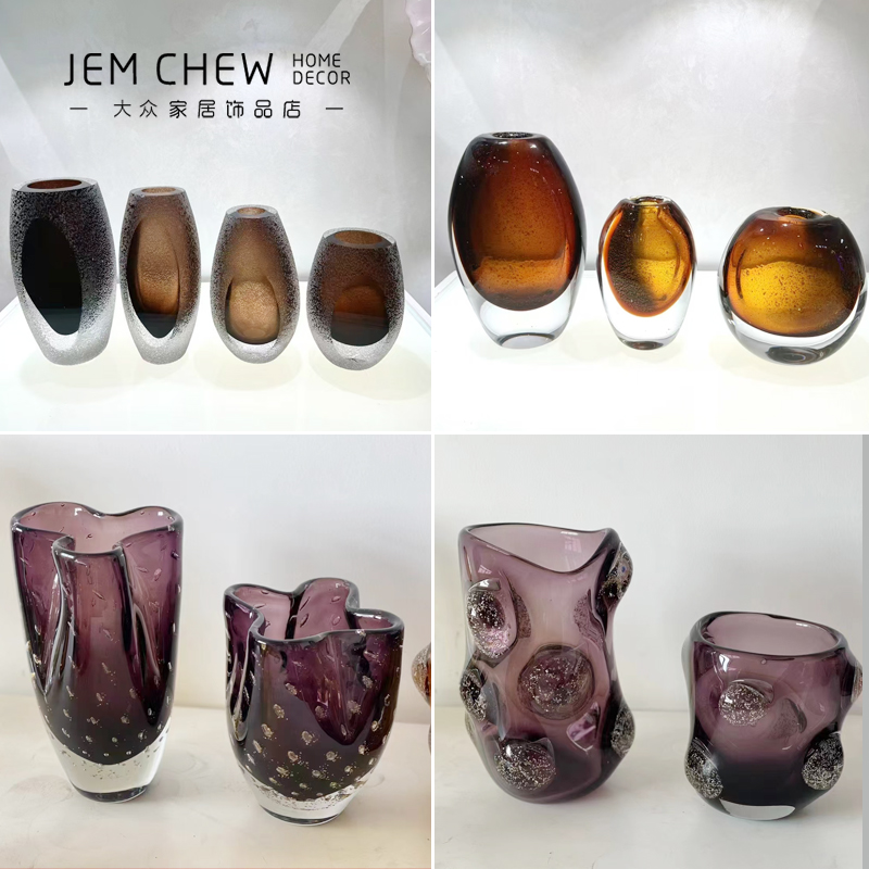 轻奢极简现代粉红玻璃花瓶紫红琉璃样板间售楼处客厅家居软装花器