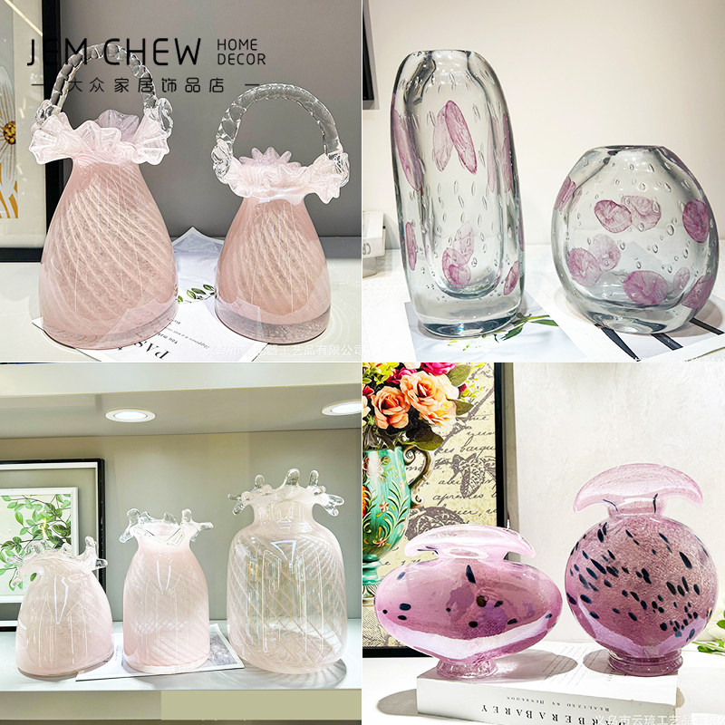 轻奢现代樱花粉玻璃花瓶创意水培插花样板间售楼客厅餐桌送人礼物