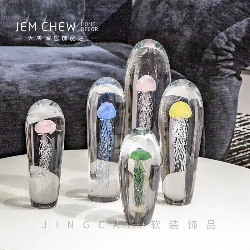 琉璃夜光水母圆形柱摆件极简客厅边几玄关摆设卧室床头柜桌面装饰