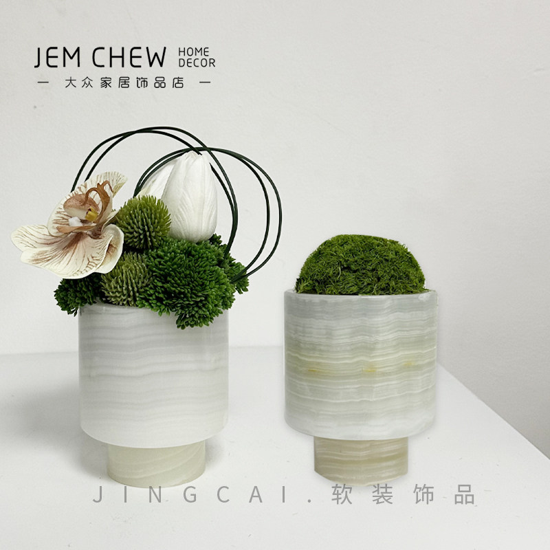 新中式天然玉石花器售楼处样板房仿真花艺手感艺术插花桌面装饰