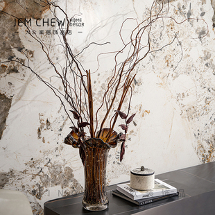 现代黑色玻璃花瓶摆件高级插花仿真花器售楼处样板房软装饰品搭配