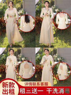 出租中式伴娘服2023新款秋冬季加厚香槟色长袖姐妹团晚礼服长裙女