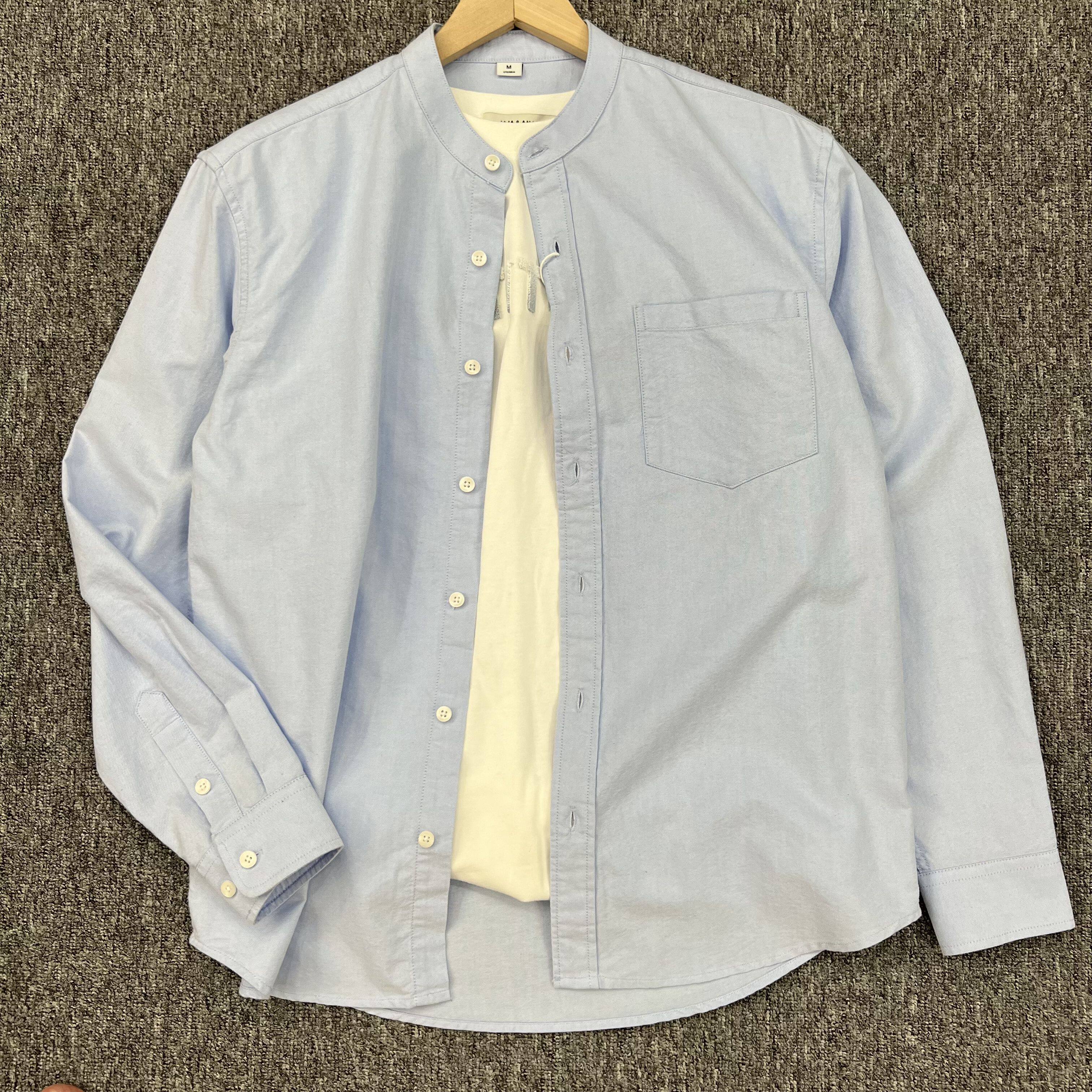 日系复古口碑货轻熟痞帅明星同款秋冬男士灰蓝色长袖无领衬衫上衣