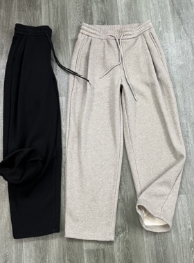 冬季加绒裤男通勤长裤韩系休闲阔腿裤宽松直筒加绒黑色运动卫裤潮