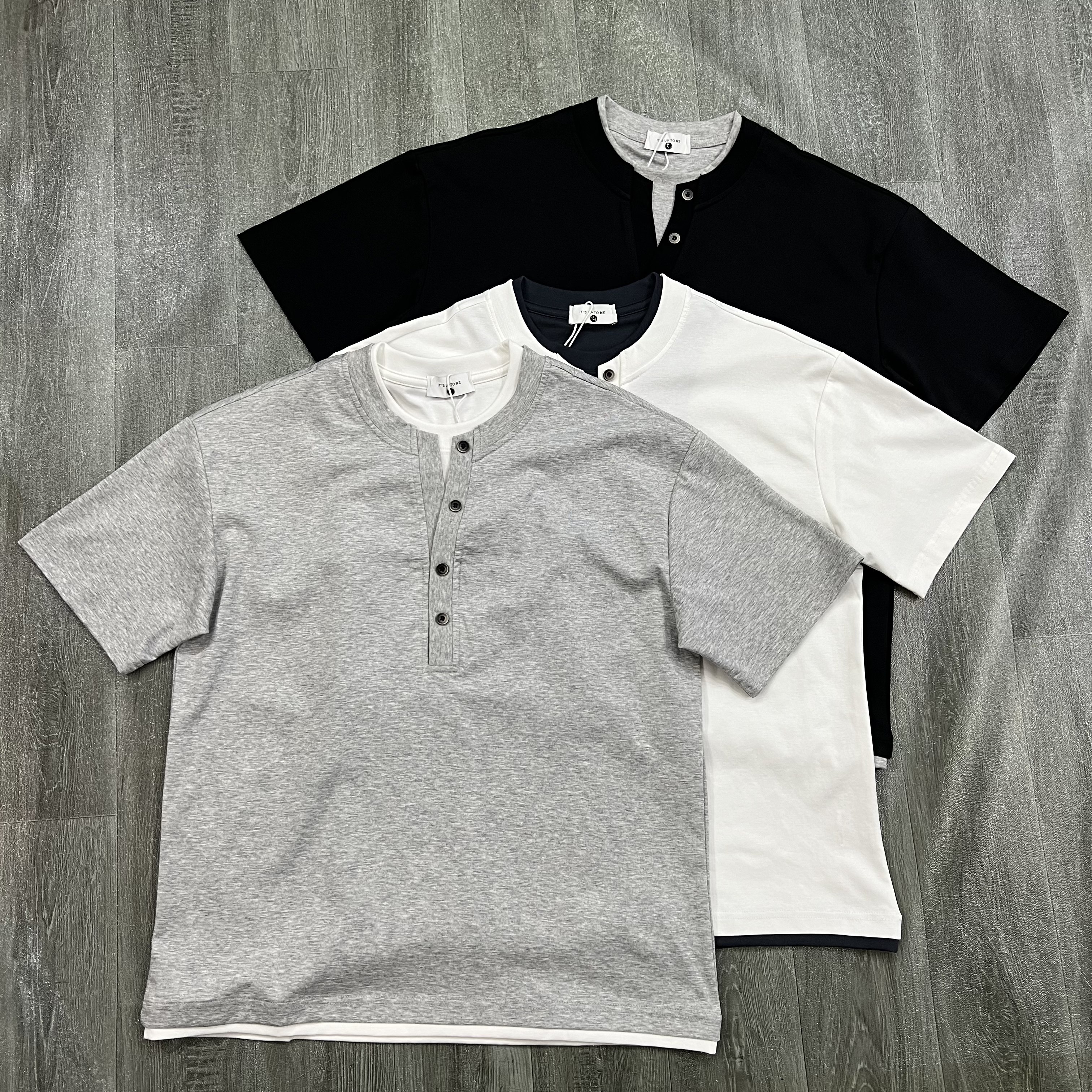 美式复古亨利衫领复古风短袖T恤男士宽松假两件宽松型高级感上衣,男装,T恤,淘宝优惠券,粉丝福利购,淘宝优惠卷