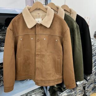 外贸轻工装复古夹克男冬季仿鹿皮绒加厚羊羔毛翻领微宽松保暖外套