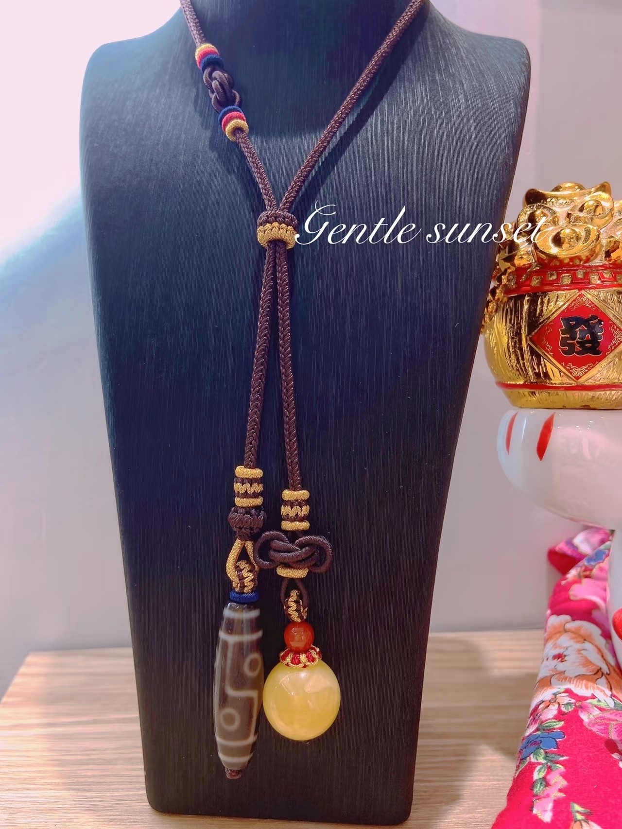 双吊坠竖挂绳藏式天珠项链玛瑙转运珠锁骨链蜜蜡咖棕南红黄金桶珠