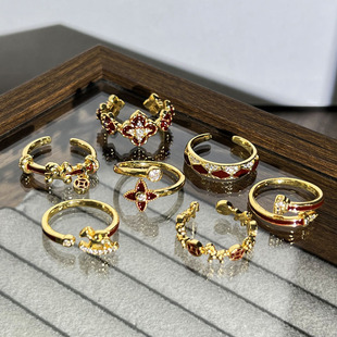 马上有钱新中式甜酷安哥拉红色合集戒指女几何四叶草气质轻奢指环