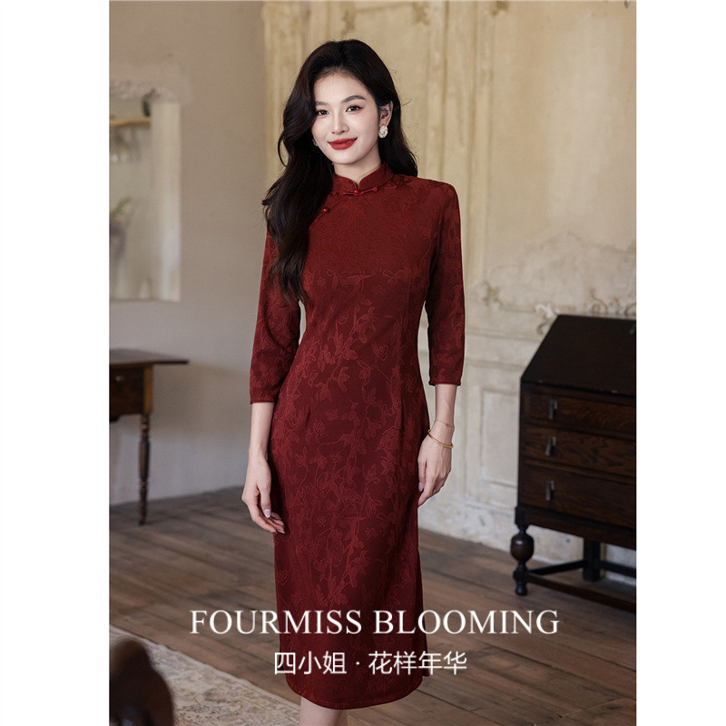 【花样年华】国风旗袍|酒红色新中式改良年轻连衣裙小个子长袖春