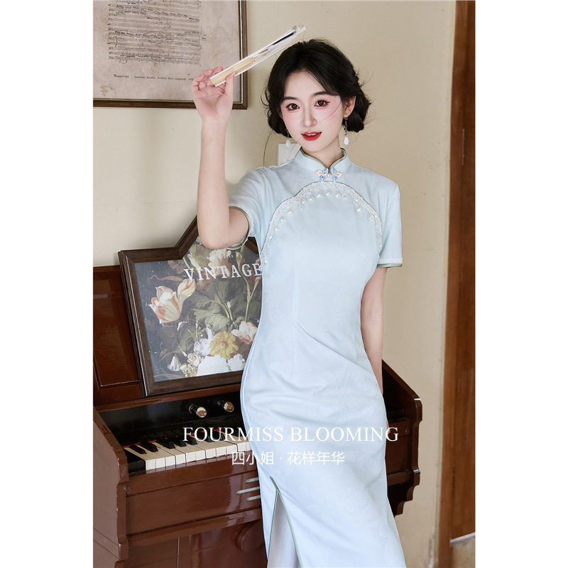 【花样年华】国风旗袍|蓝色新中式女短袖修身连衣裙2026新款夏季