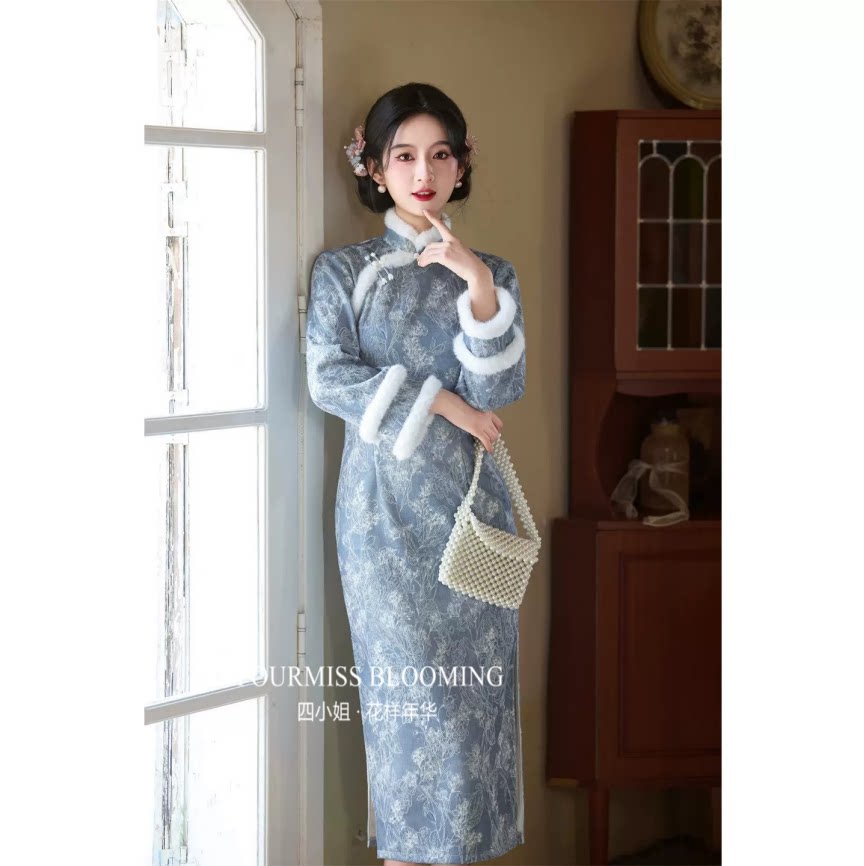 新中式蓝色提花旗袍女冬季加绒