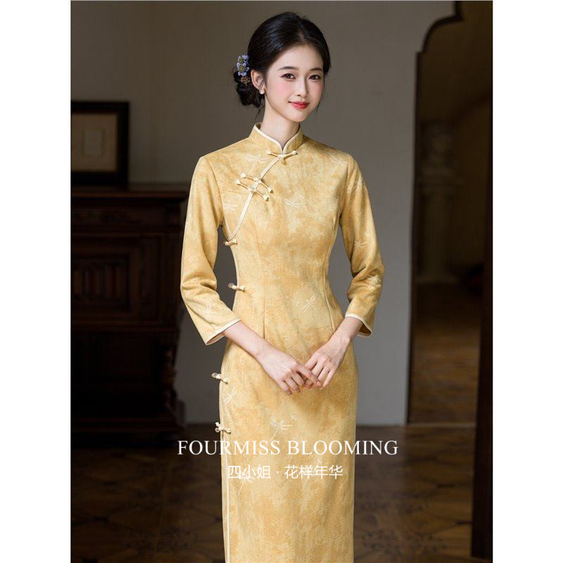 【花样年华】国风旗袍|黄色春秋长袖麂皮绒改良新中式连衣裙复古