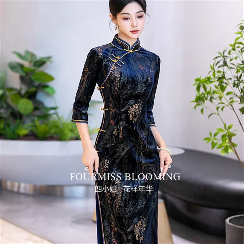 【花样年华】国风旗袍|秋季高端复古日常黑色弹力丝绒长袖连衣裙