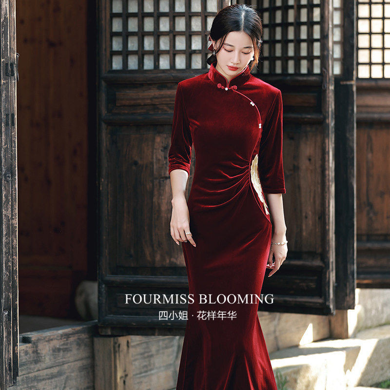 鱼尾酒红丝绒敬酒服20