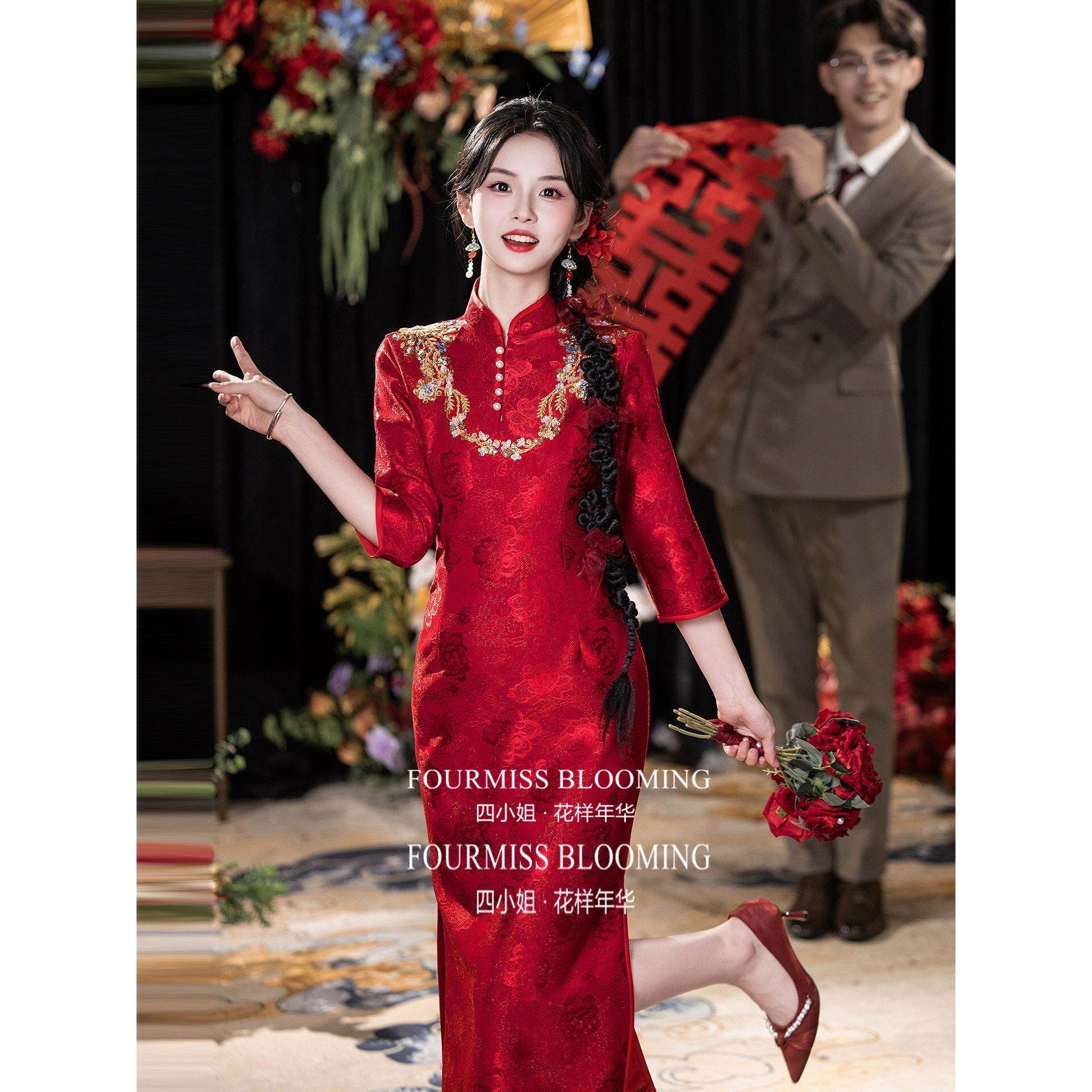 红色旗袍敬酒服新娘结婚新中式