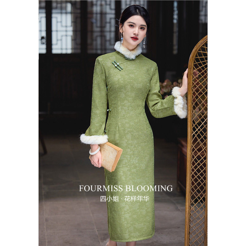 【花样年华】国风旗袍|绿色长袖2025款女连衣裙高端日常秋冬加绒,女装/女士精品,旗袍,淘宝优惠券,粉丝福利购,淘宝优惠卷