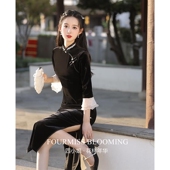 老丝绒黑色春季 气质款 高端旗袍 年轻上海改良连衣裙 花样年华