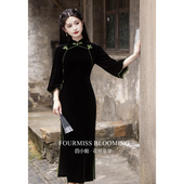 女夏季 黑色改良复古民新中式 国风旗袍 丝绒高端日常 花样年华