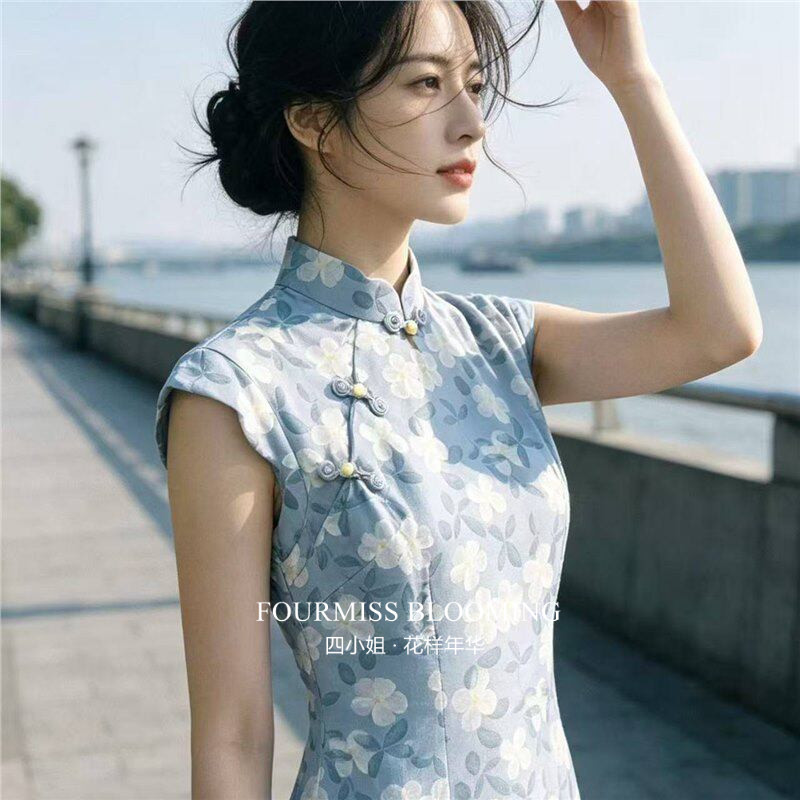 【花样年华】国风旗袍|复古风蓝色花色改良女无袖长洋装气质显瘦