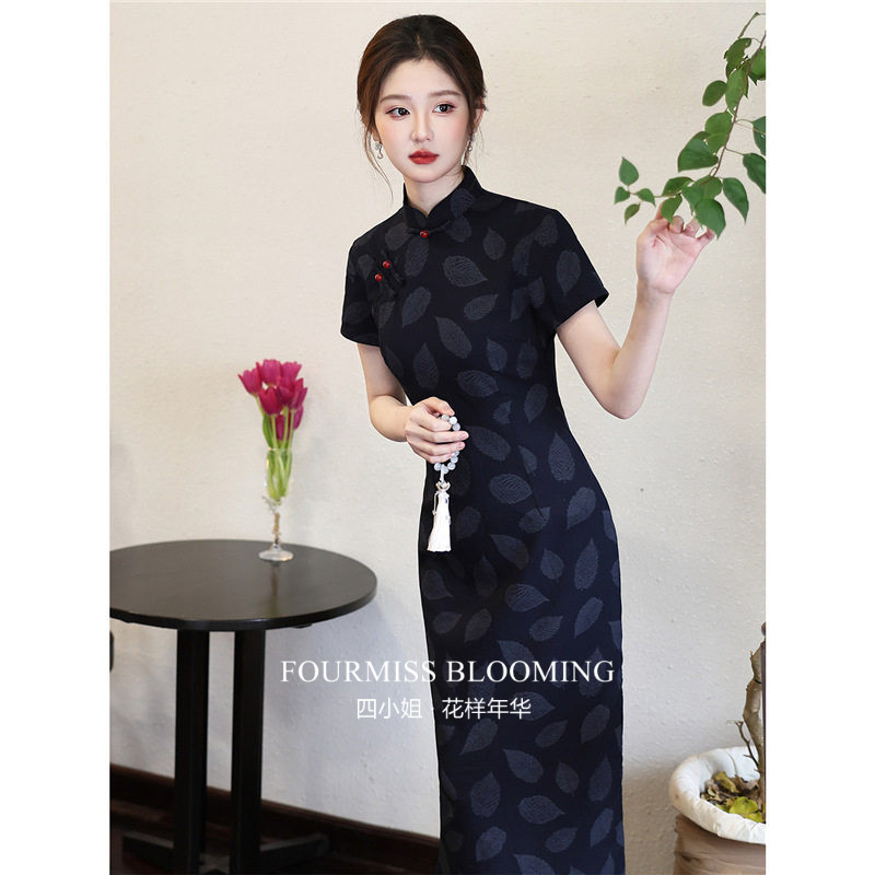 【花样年华】国风旗袍|复古风改良女深蓝色短袖长款连衣裙日常