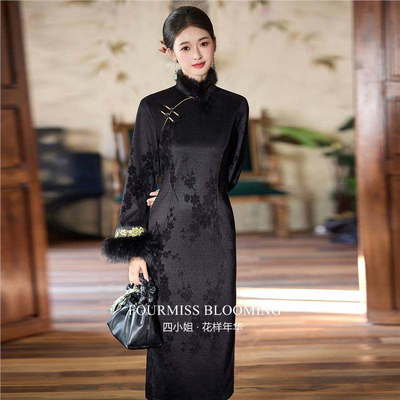 黑色新中式加绒显瘦长款