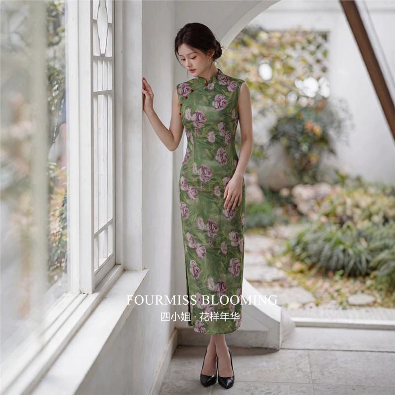 绿色网纱印花夏款少女连衣裙