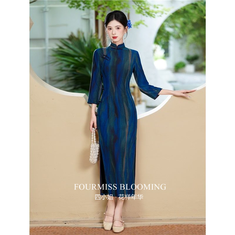 【花样年华】国风旗袍|蓝色复古中式改良长袖连衣裙日常条纹春春