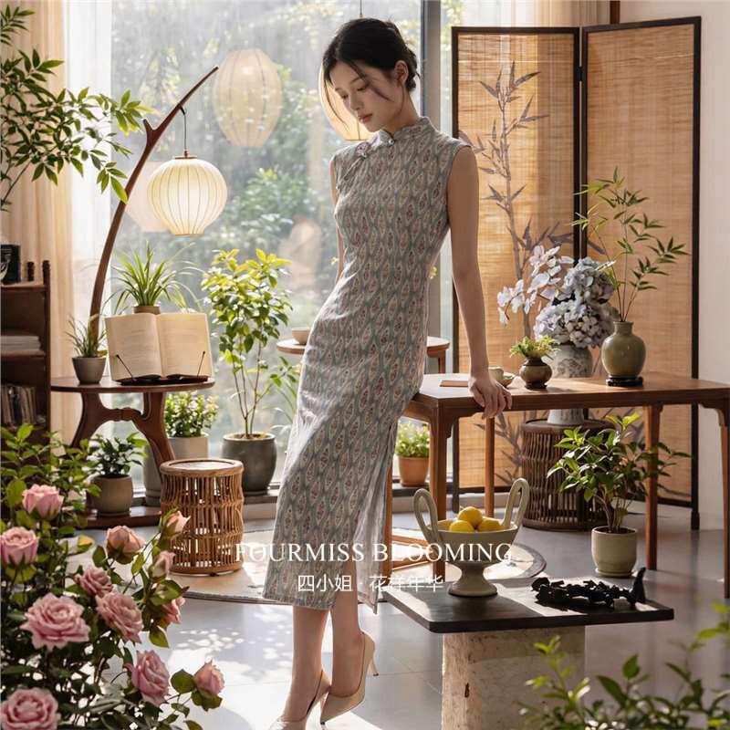 蓝色竹节麻印花夏长裙