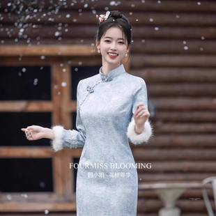 【花样年华】国风旗袍|蓝色女秋冬季长袖加绒加厚保暖冬天连衣裙