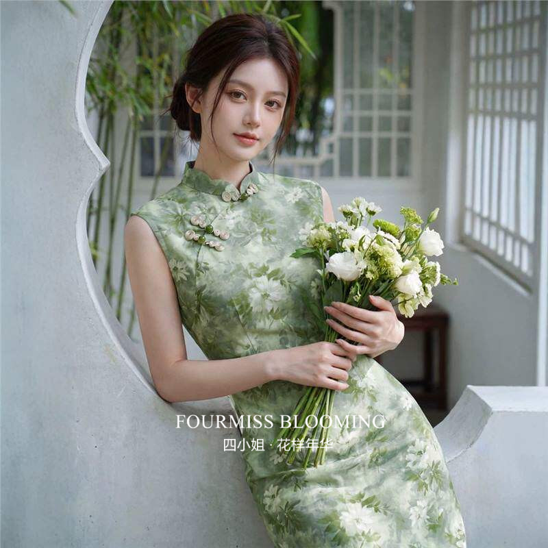 【花样年华】国风旗袍|绿色竹节麻印花夏长版2026夏少女无袖高雅