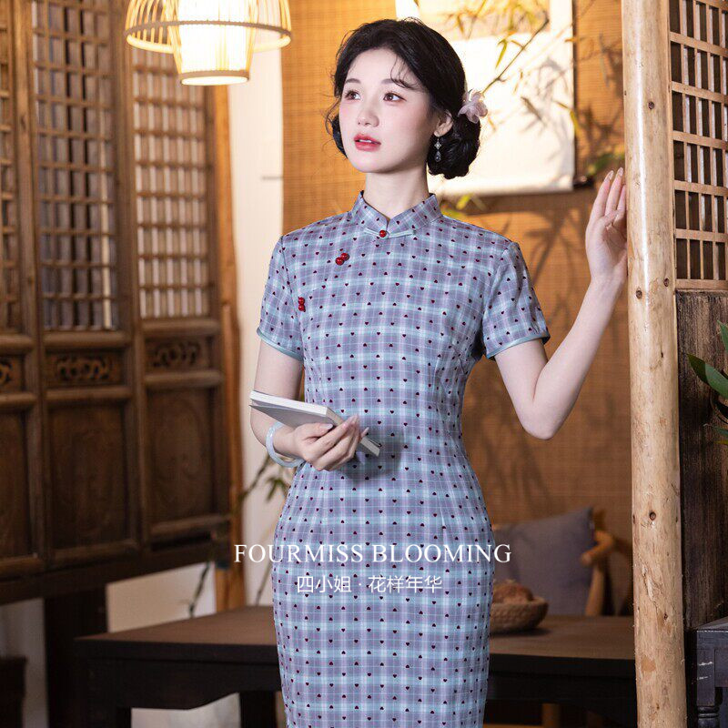 格子洋装新中式少女减龄蓝