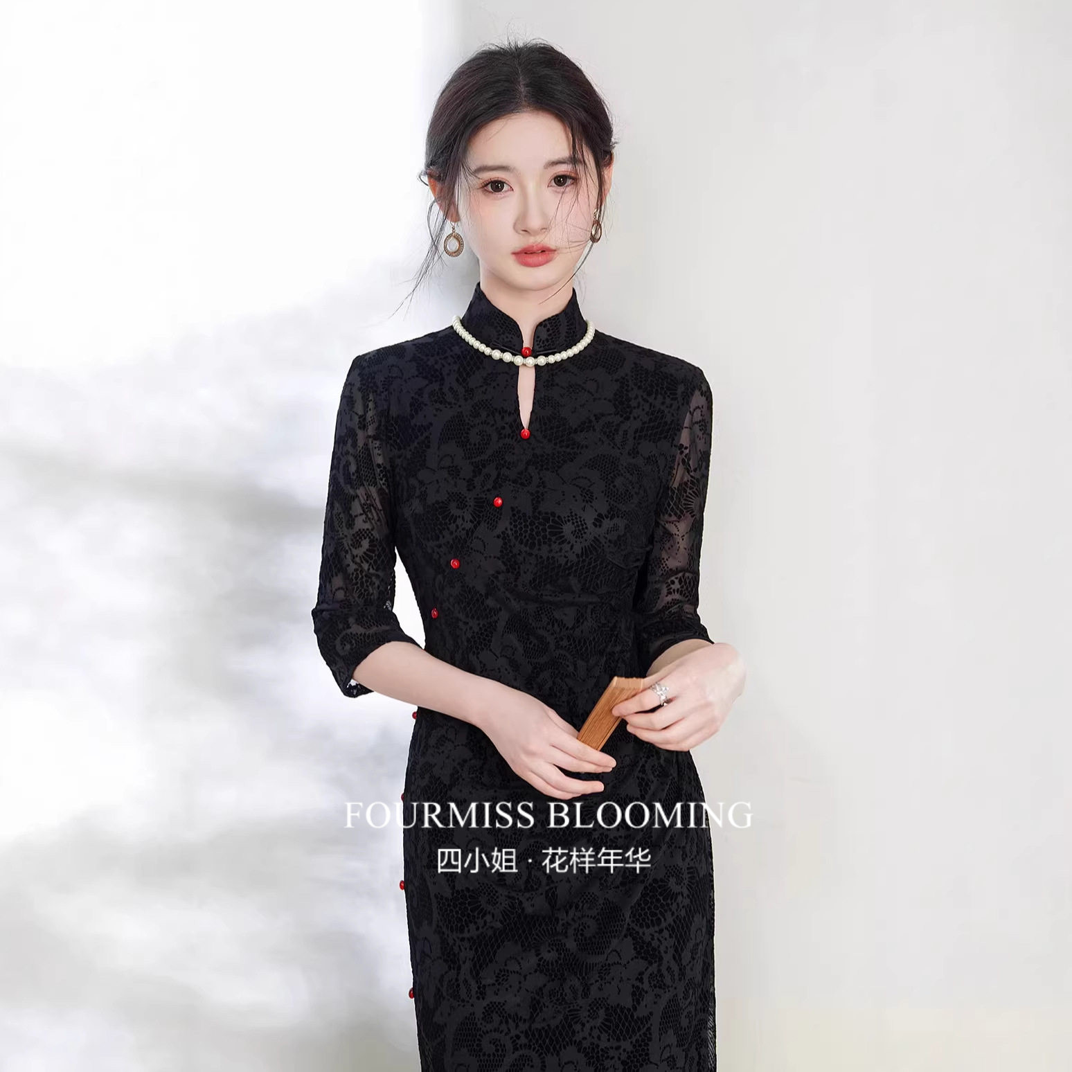 黑色蕾丝新中式连衣裙2026春