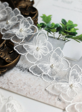 白色欧根纱蝴蝶结辅料立体双层蝴蝶布贴diy婚纱窗帘饰品蕾丝花边