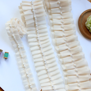 杏色小香风珍珠蕾丝花边diy衣服领口袖 饰 口雪纺荷叶边辅料布艺装