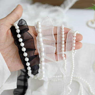 珍珠纱丝带手工缝珠褶皱花边蕾丝带diy服装衣边装饰网纱织带辅料