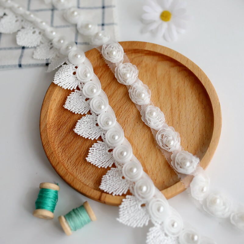 品质白色蔷薇珍珠蕾丝花边装饰窗帘服装睫毛蕾丝边diy手工辅料