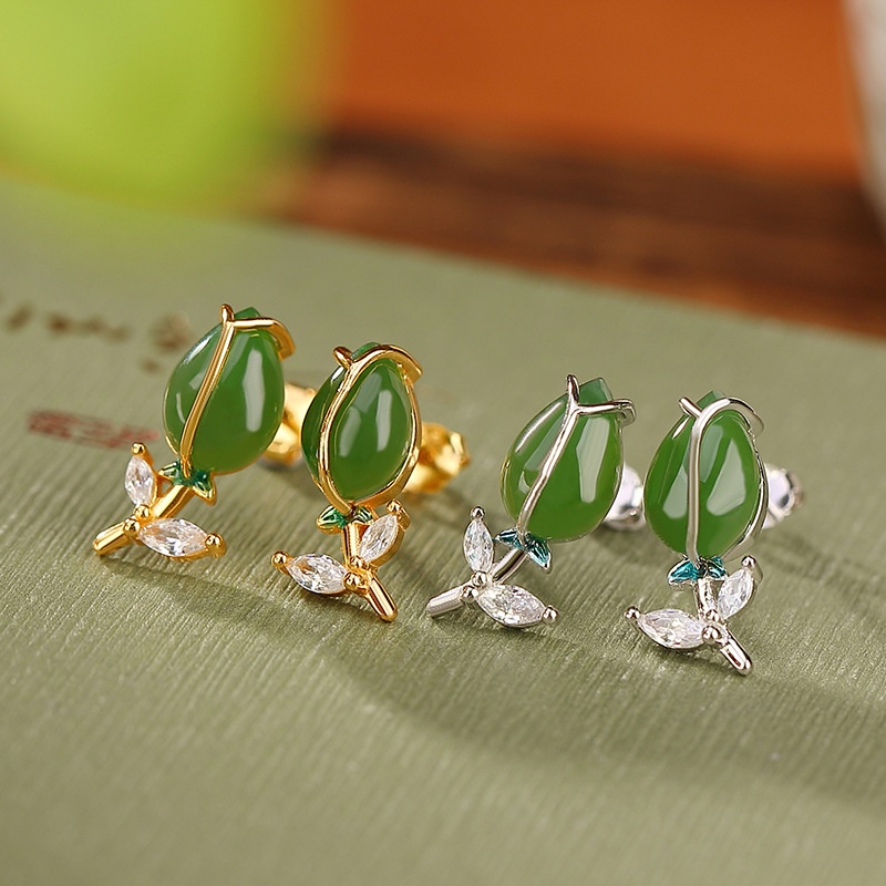 锦河畔 s925纯银镀金和田玉碧玉复古郁金香银耳钉精致简约花朵