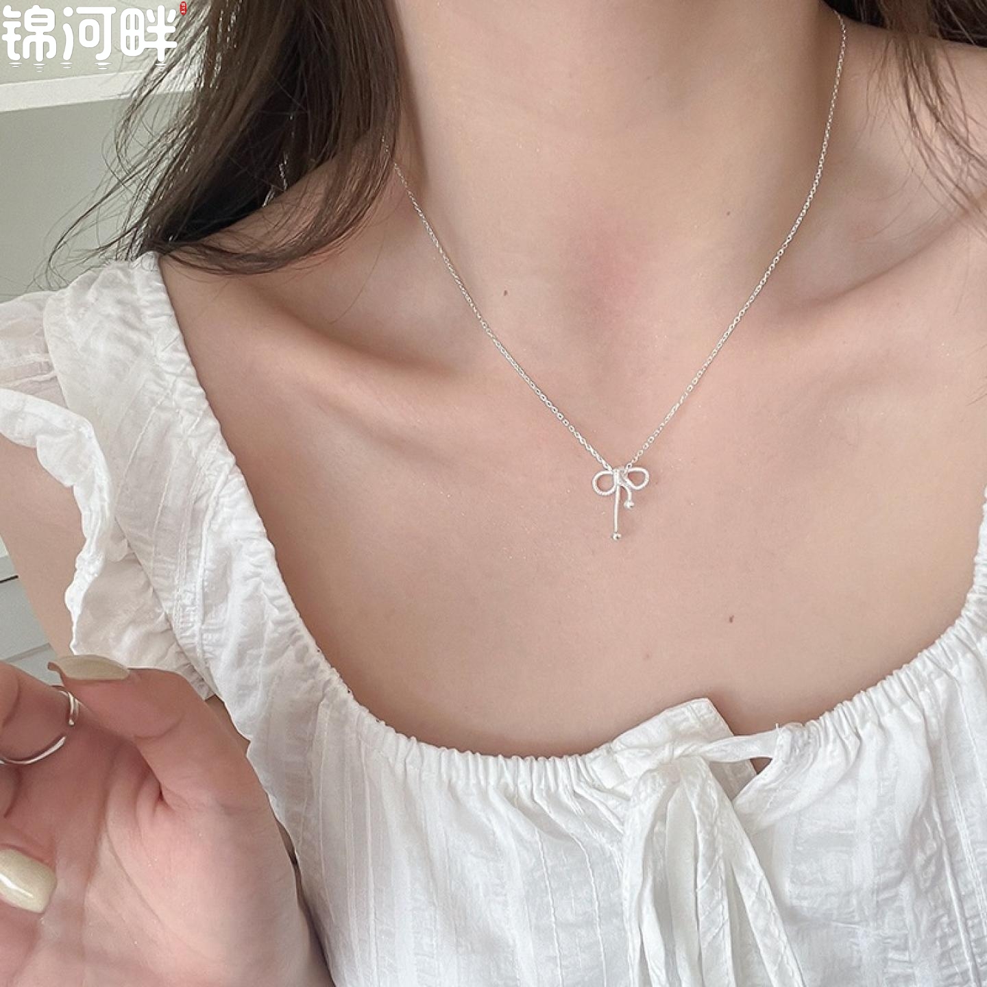 锦河畔 925纯银蝴蝶结项链女简约甜美可爱韩系亮银色锁骨链新品