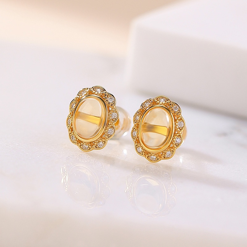 锦河畔 s925纯镀金黄水晶耳钉几何椭圆蛋面新中式气质百搭耳饰